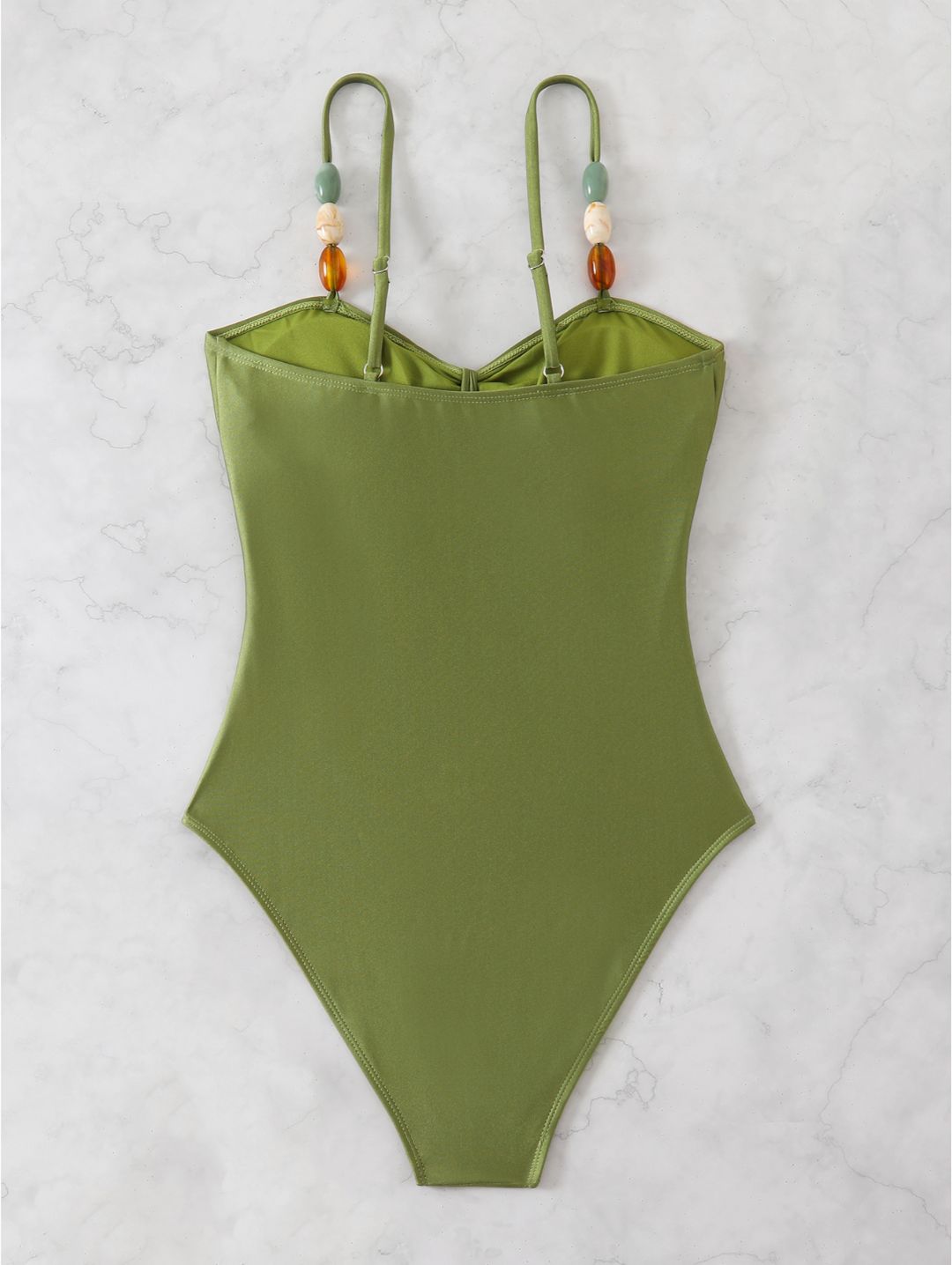Olive Green Beaded Strap Cutout Tie-Front One-Piece Swimsuit