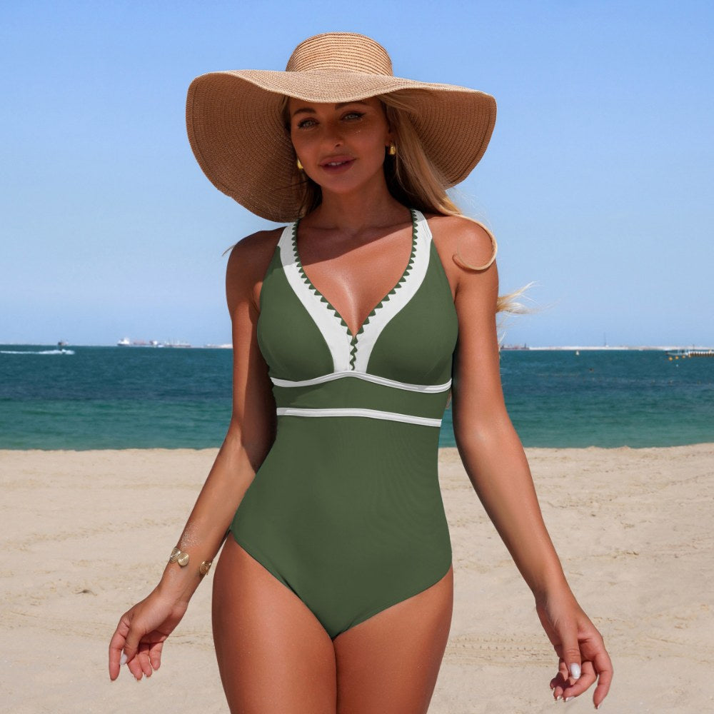 Olive Green Contrast Trim V-Neck Crossback One-Piece Swimsuit