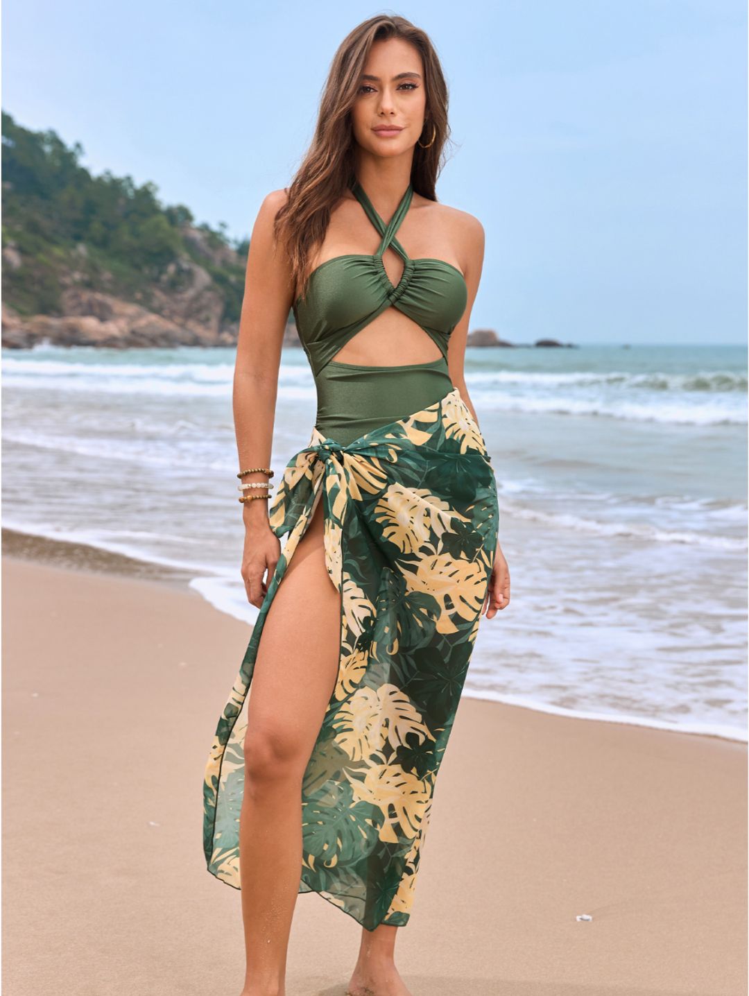 Olive Green Halter Cutout One-Piece Swimsuit