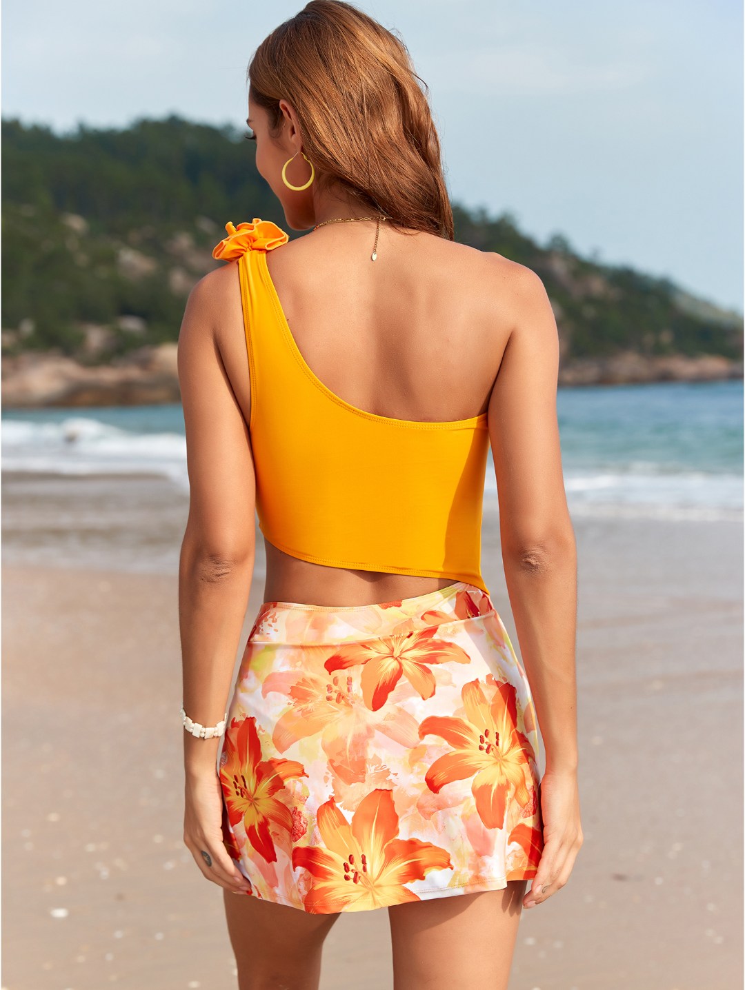 Orange Floral One-Shoulder Floral Skirt Bikini Set