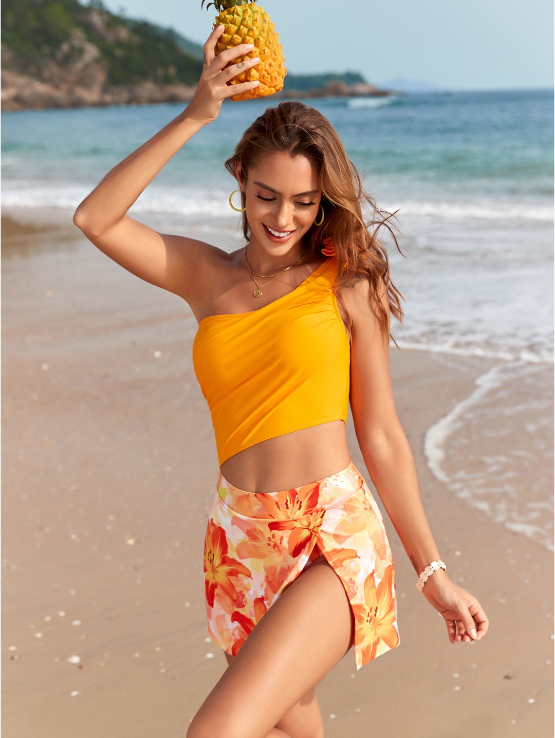 Orange Floral One-Shoulder Floral Skirt Bikini Set