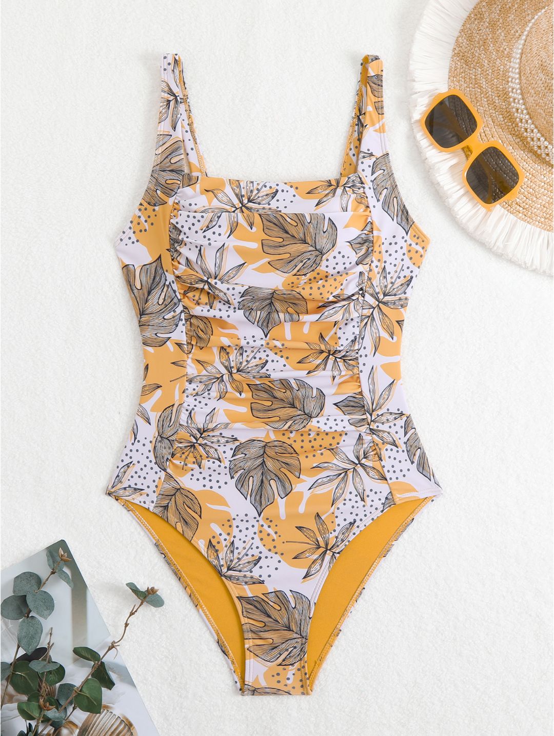 Orange Tropical Leaf Print Square Neck Ruched One-Piece Swimsuit