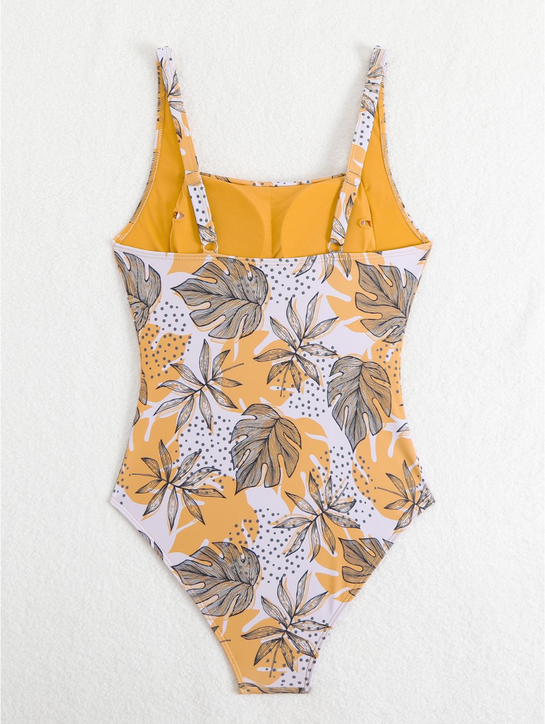 Orange Tropical Leaf Print Square Neck Ruched One-Piece Swimsuit