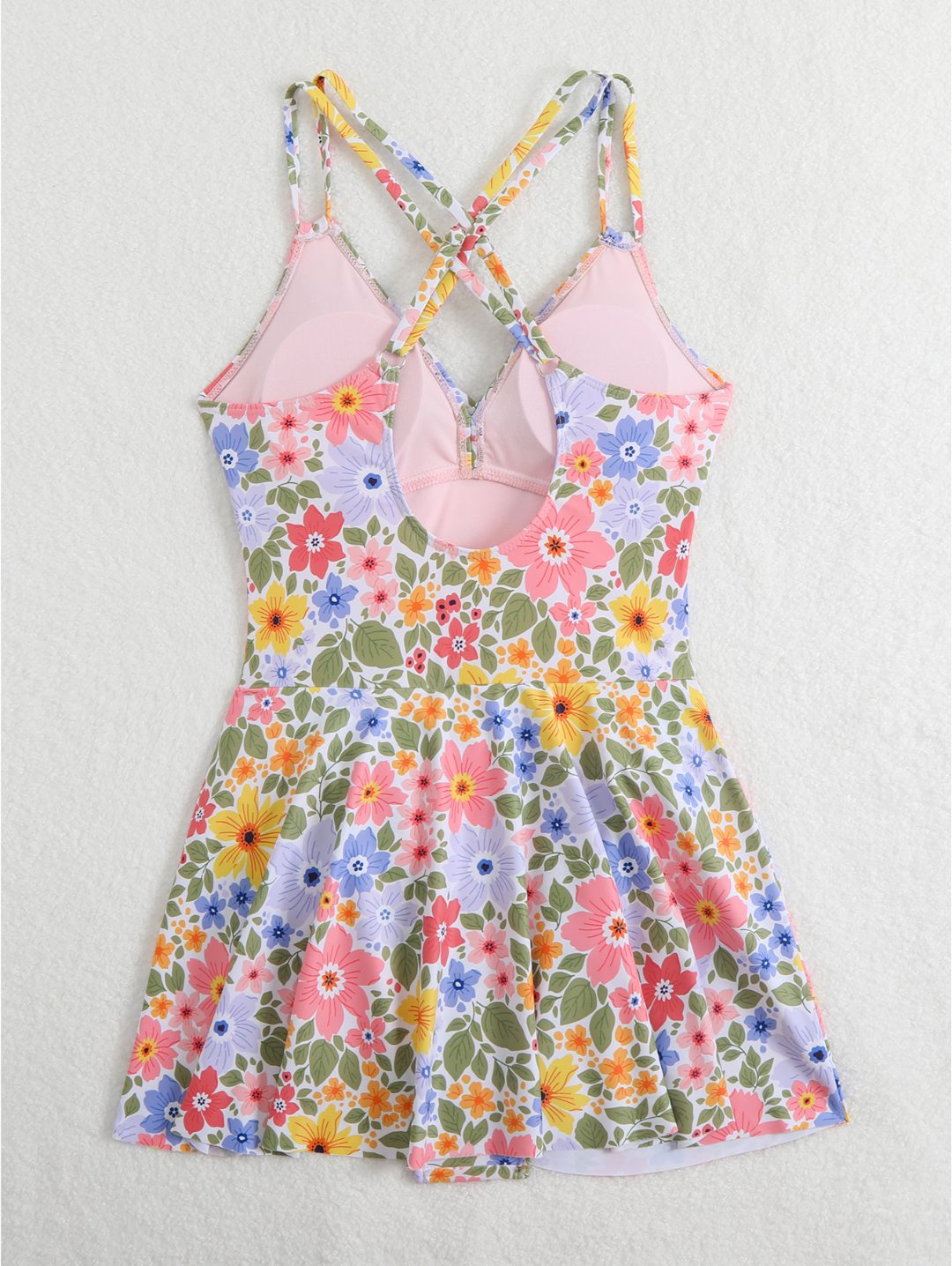 Pastel Floral Twist Front Cross-Back Swimdress One-Piece