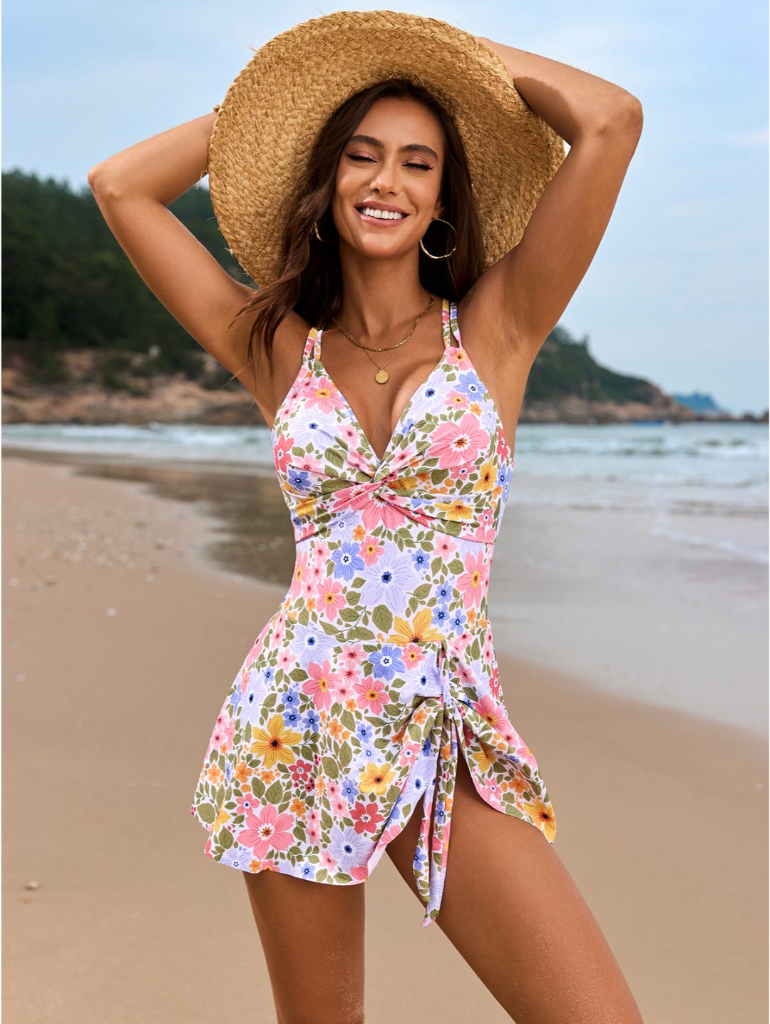 Pastel Floral Twist Front Cross-Back Swimdress One-Piece