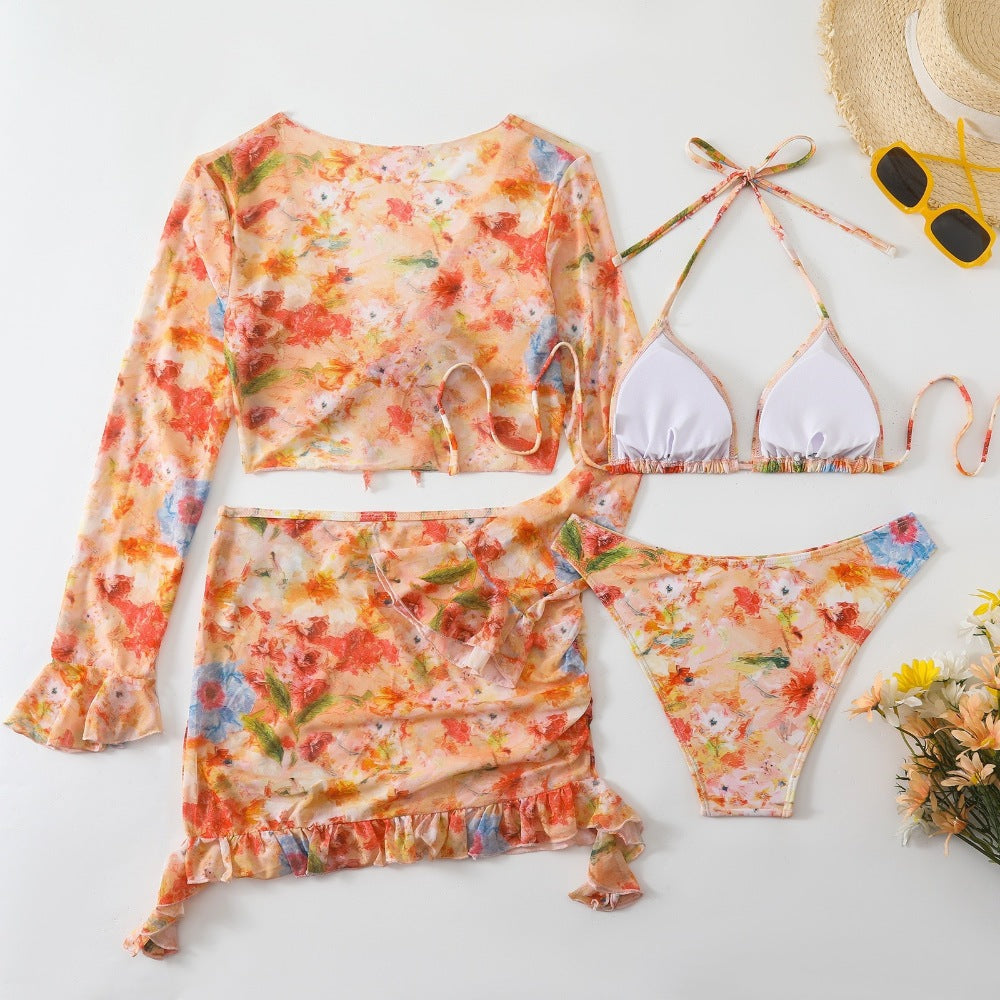 Light Pink Mesh Cover-Up Skirt & Long Sleeve Tie Top Floral Print 4-Piece Bikini Set
