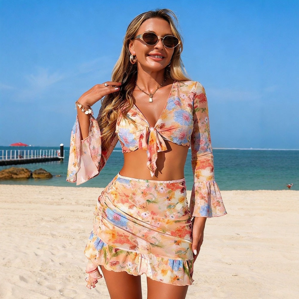 Light Pink Mesh Cover-Up Skirt & Long Sleeve Tie Top Floral Print 4-Piece Bikini Set