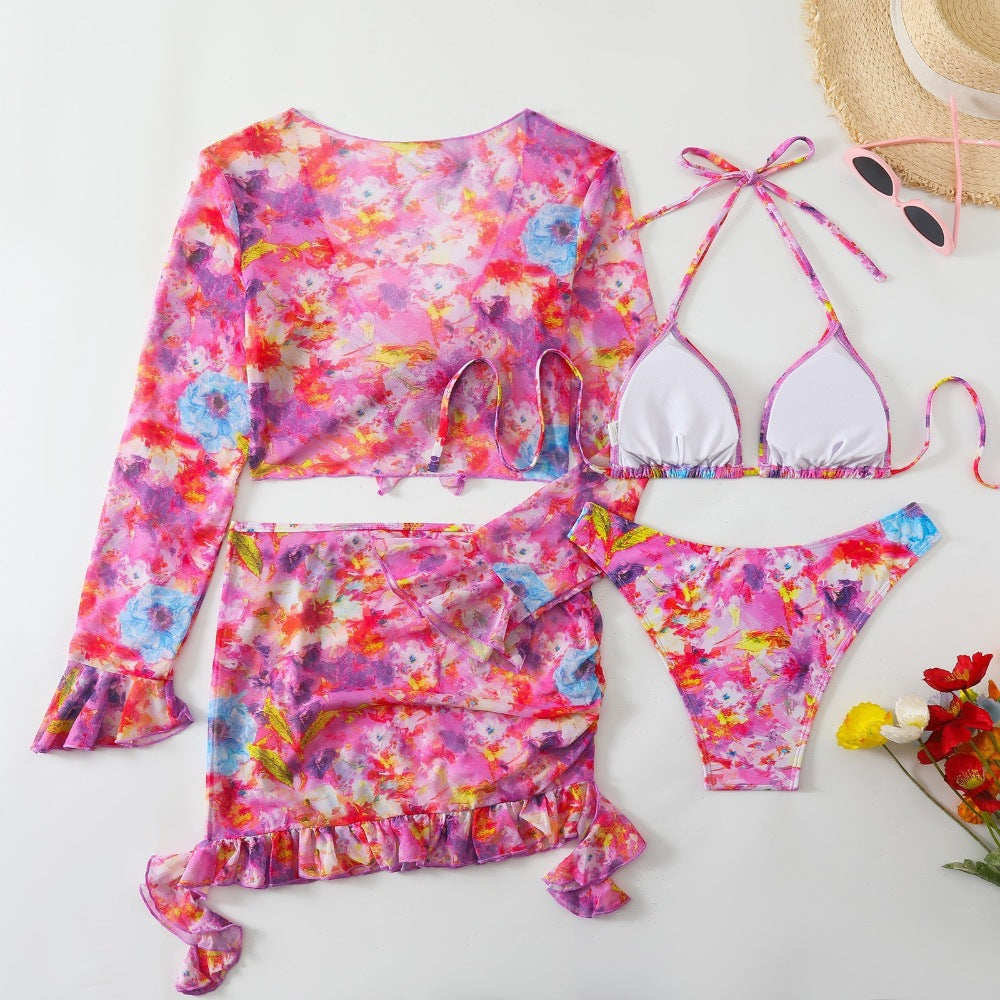 Light Purple Mesh Cover-Up Skirt & Long Sleeve Tie Top Floral Print 4-Piece Bikini Set