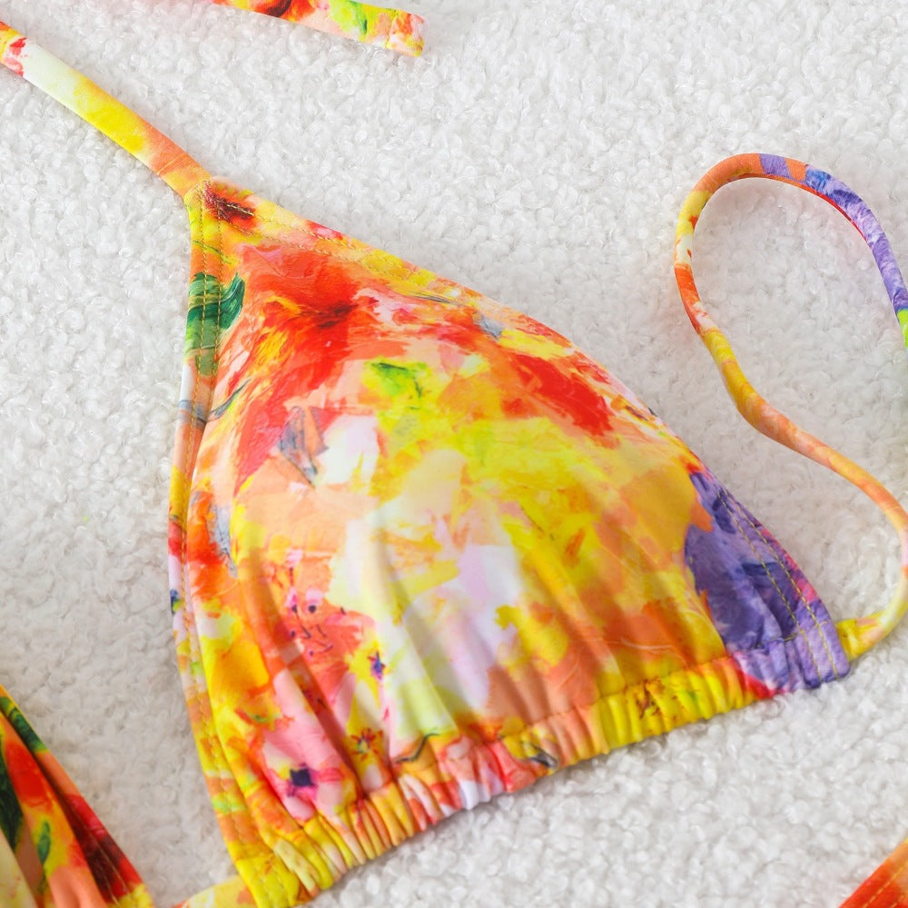 Orange Mesh Cover-Up Skirt & Long Sleeve Tie Top Floral Print 4-Piece Bikini Set