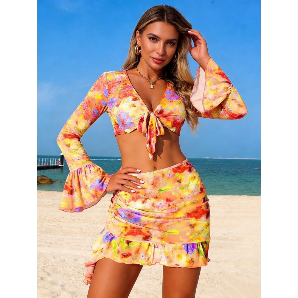 Orange Mesh Cover-Up Skirt & Long Sleeve Tie Top Floral Print 4-Piece Bikini Set