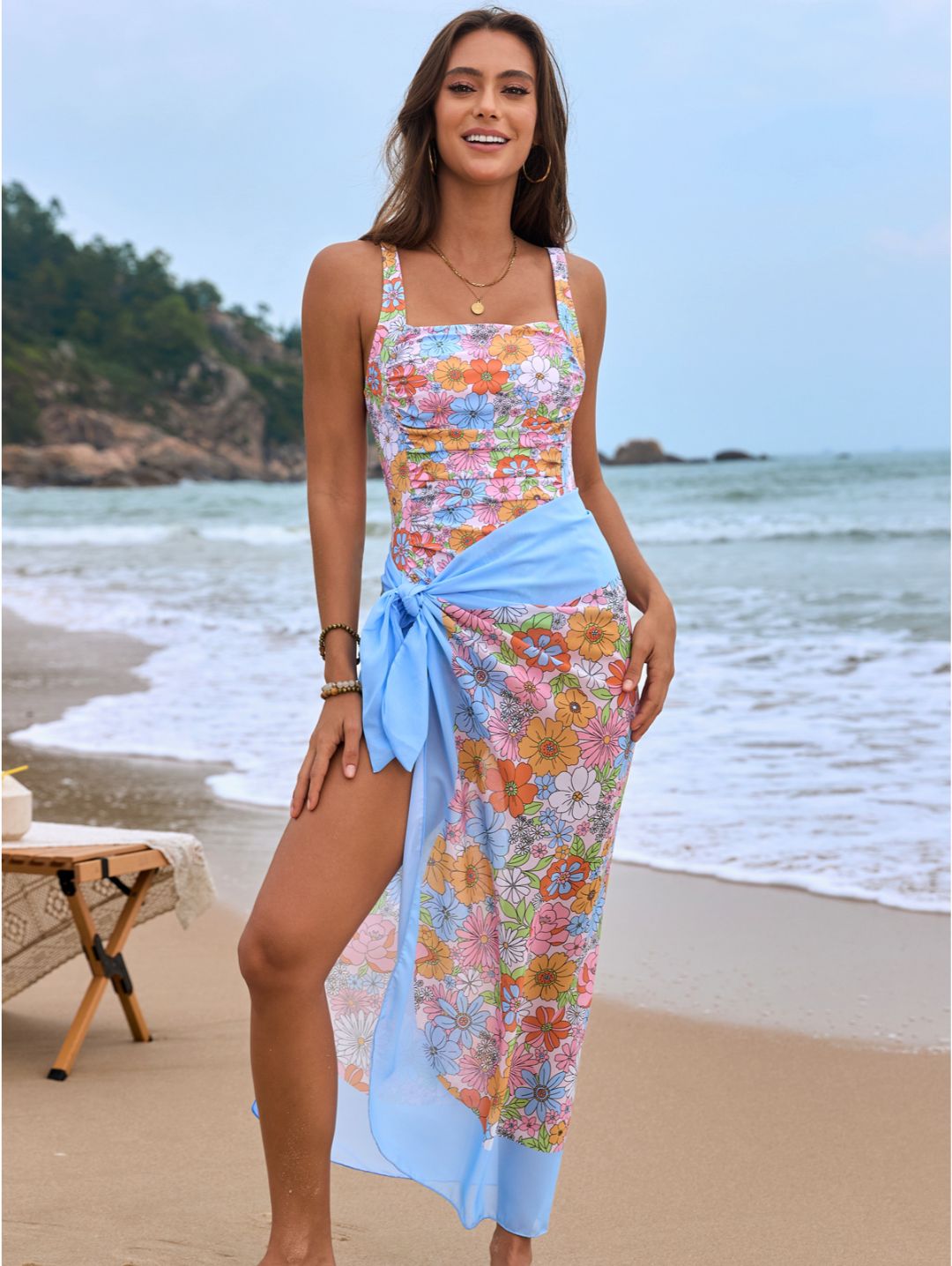 Pink Floral Print Square Neck Ruched One-Piece Swimsuit