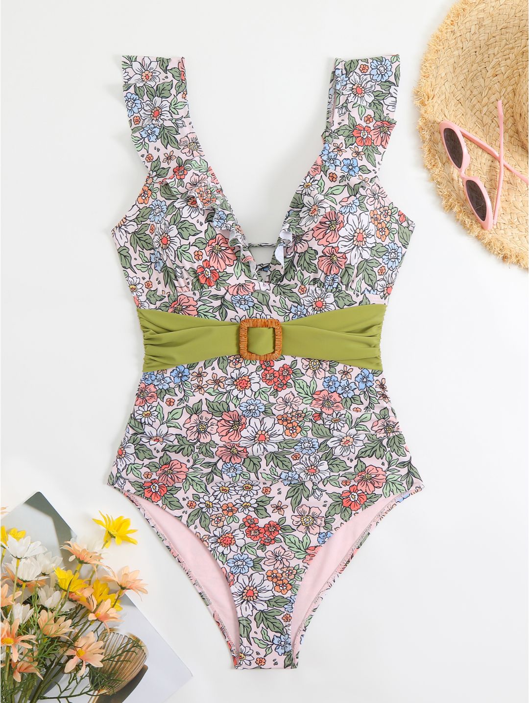 Pink Floral Ruffle V-Neck Belted One-Piece Swimsuit