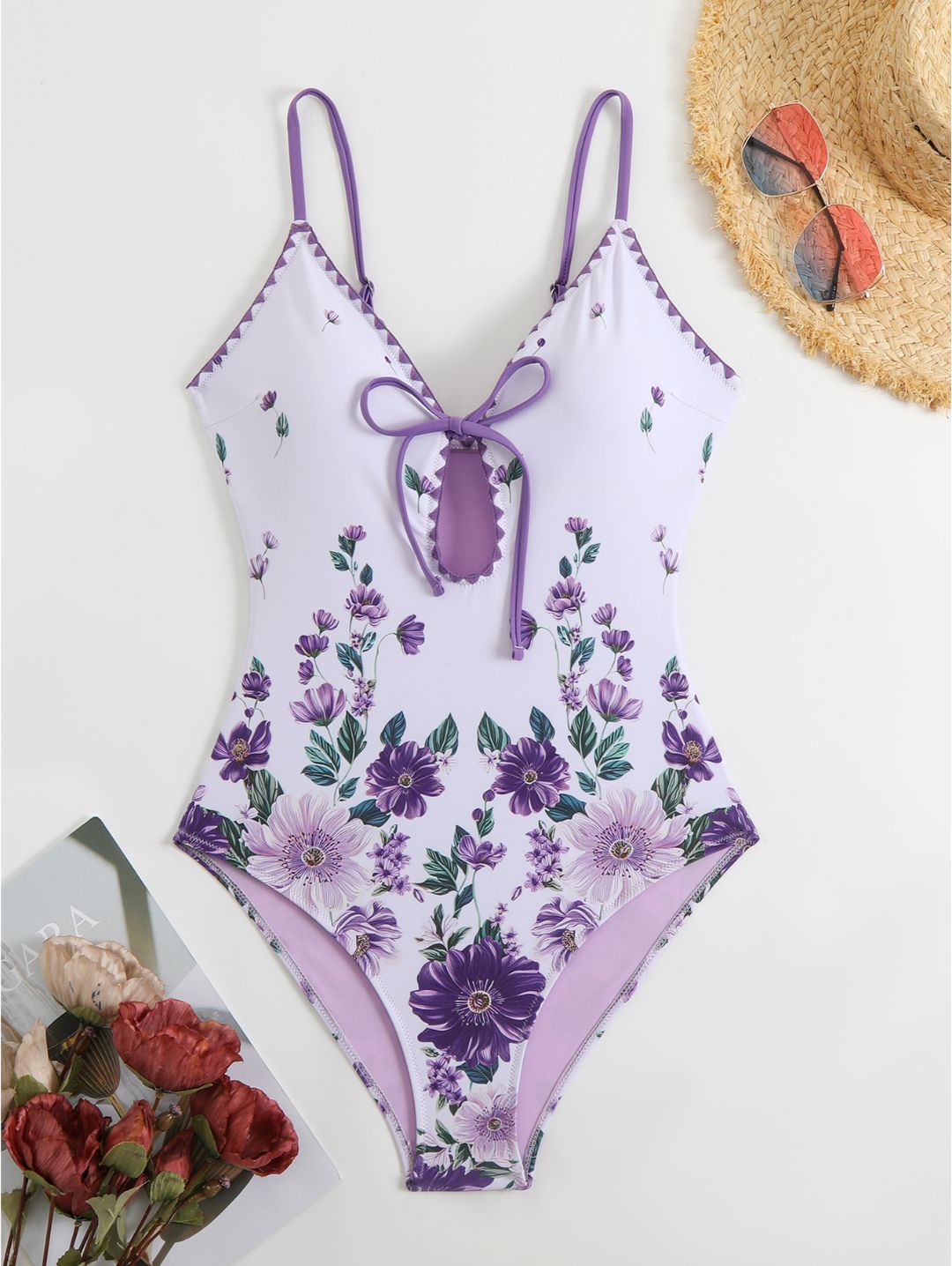 Purple Floral Tie-Front One-Piece Swimsuit