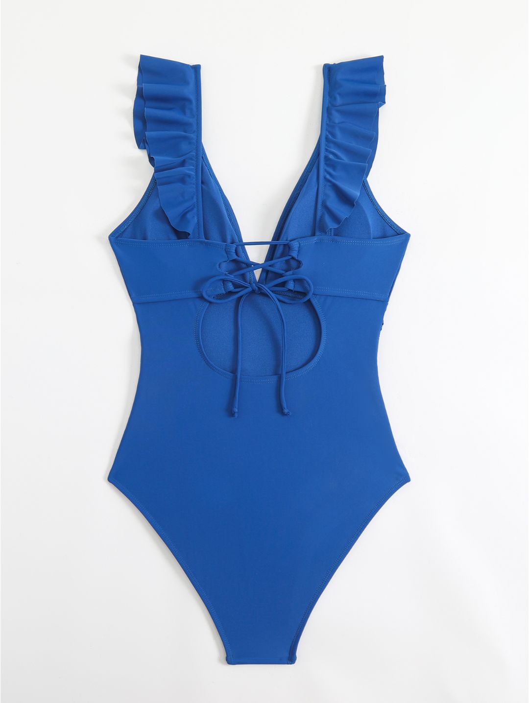 Royal Blue Ruffle V-Neck Belted One-Piece Swimsuit