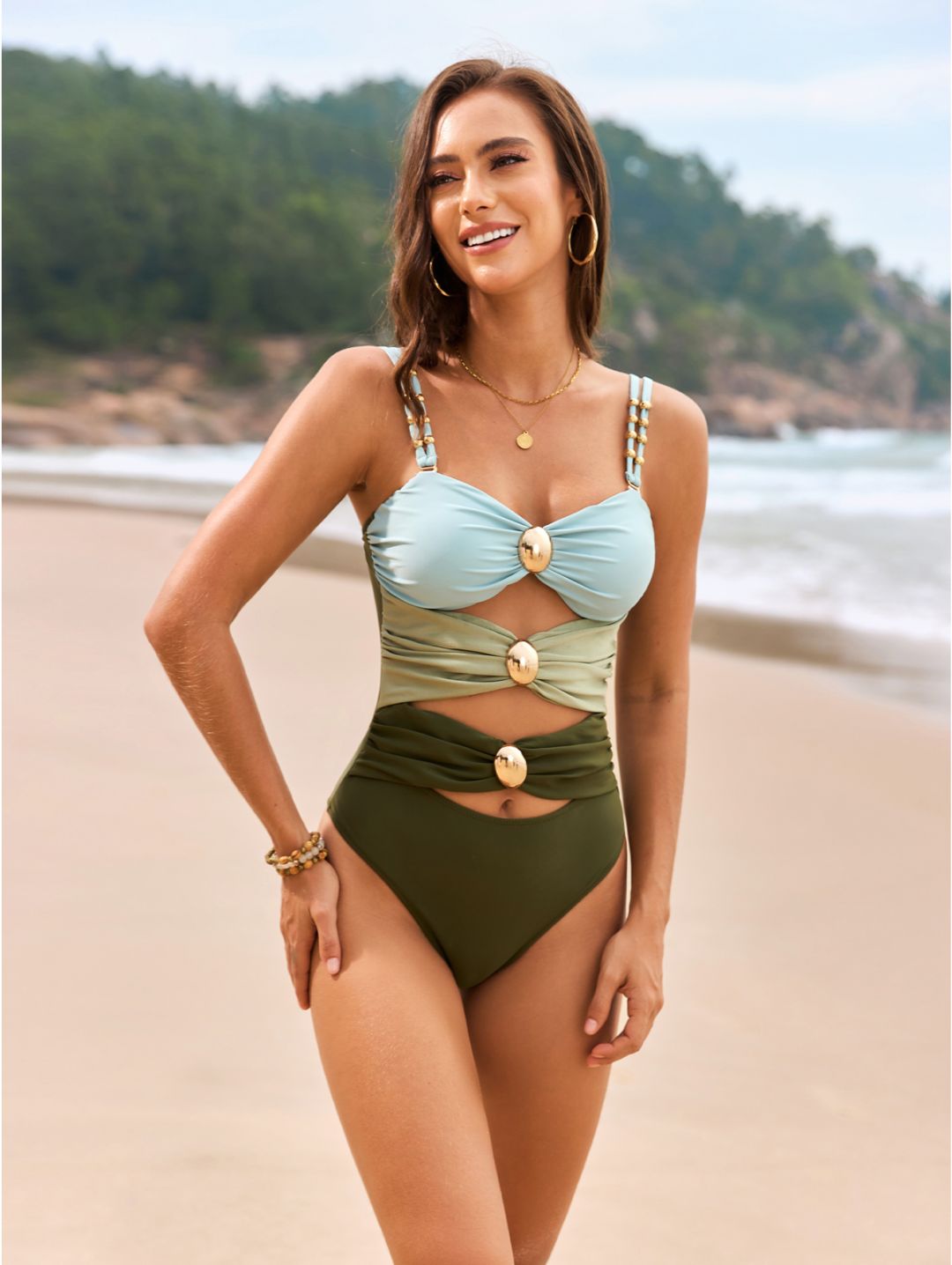 Sky Blue Color Block Cutout with Gold Ring Detail One-Piece Swimsuit
