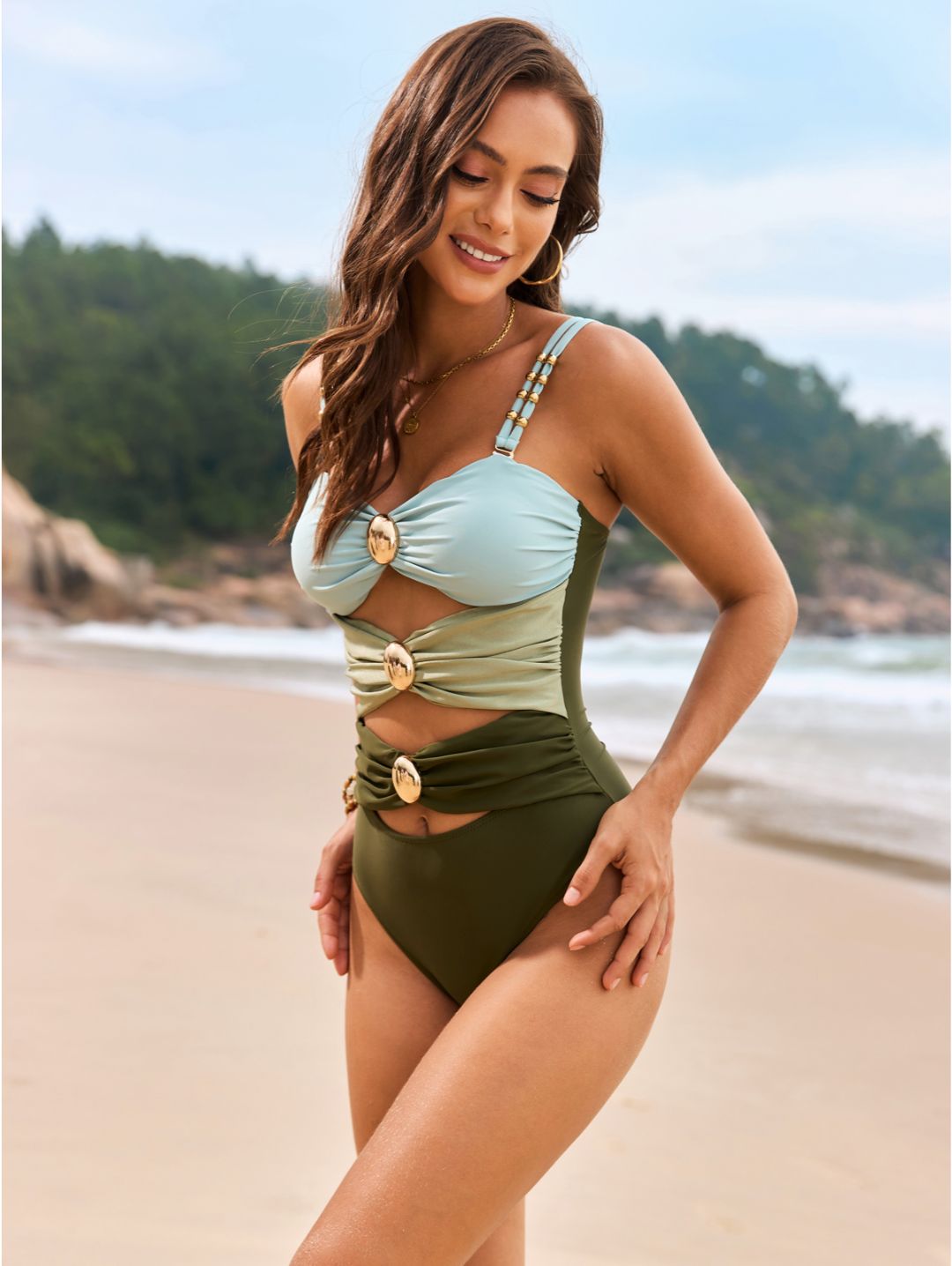 Sky Blue Color Block Cutout with Gold Ring Detail One-Piece Swimsuit