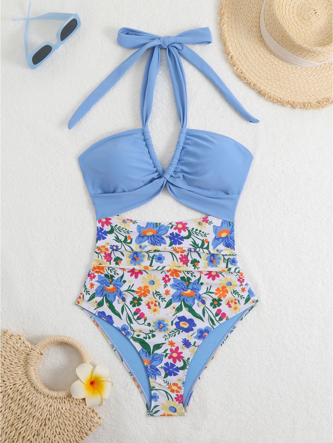 Sky Blue Floral Halter Cutout One-Piece Swimsuit