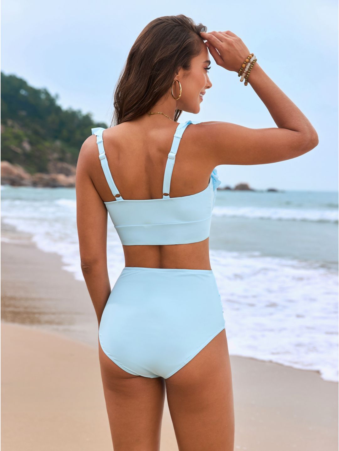 Sky Blue Floral Ruffle Shoulder High Waisted Bikini Set
