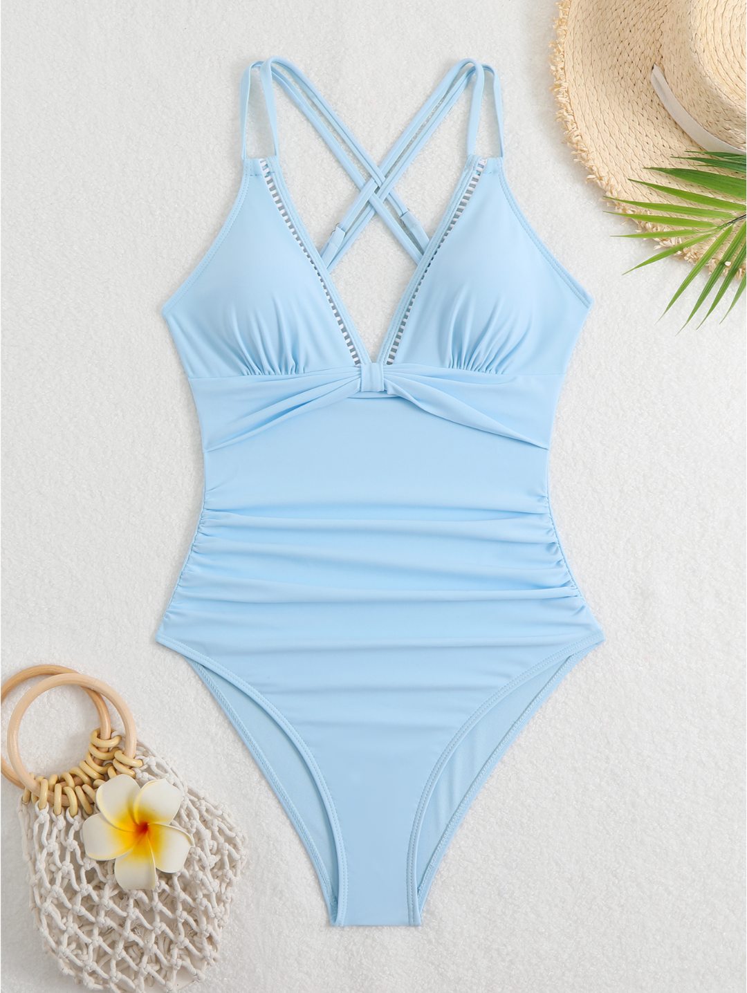 Sky Blue Ruched Crisscross Back One-Piece Swimsuit