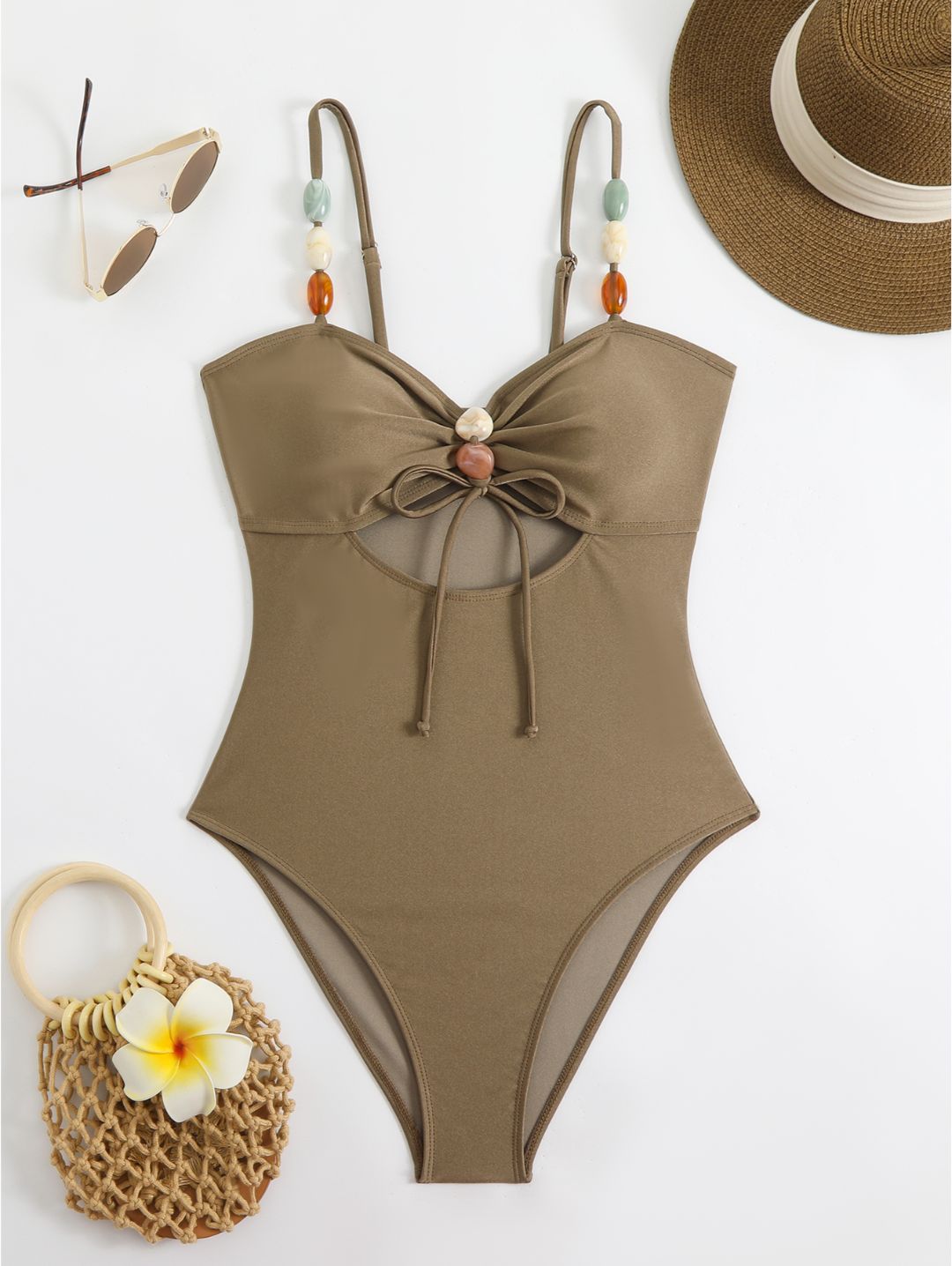 Taupe Brown Beaded Strap Cutout Tie-Front One-Piece Swimsuit