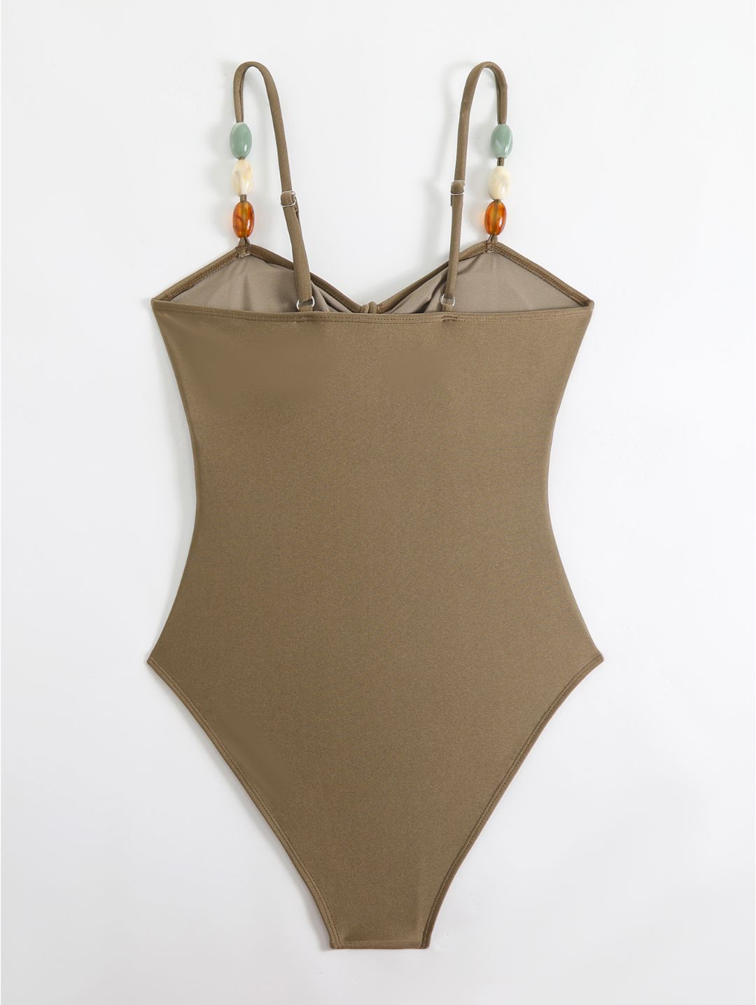 Taupe Brown Beaded Strap Cutout Tie-Front One-Piece Swimsuit
