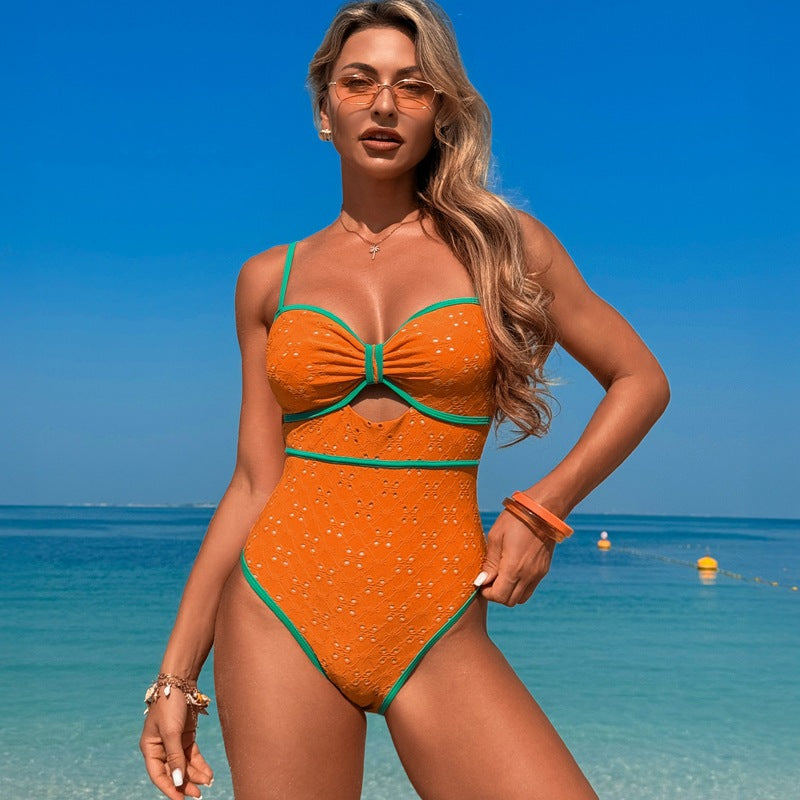 Textured Contrast Trim Cutout One-Piece Swimsuit