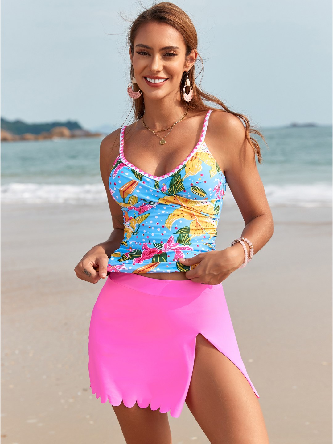 Tropical Pink Floral Print Tankini Set with Scalloped Skirt