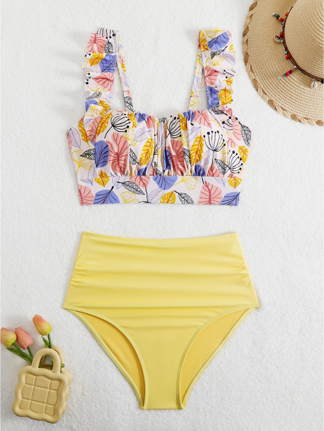 Yellow Floral Ruffle Shoulder High Waisted Bikini Set