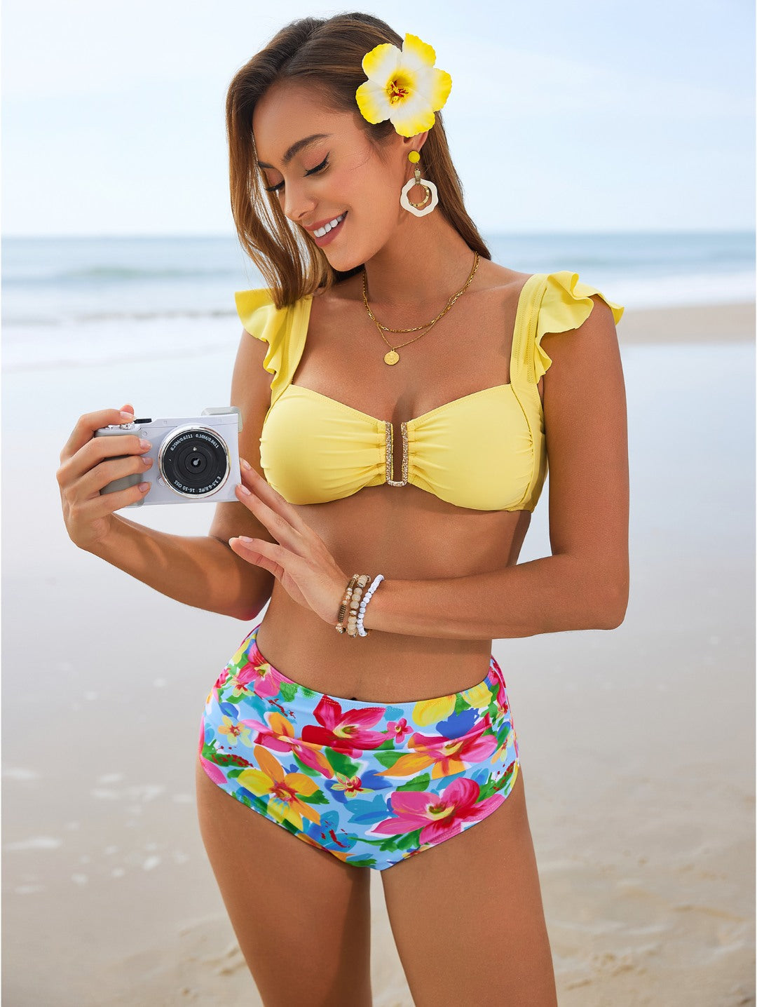 Yellow Floral Ruffle Strap High-Waisted Bikini Set
