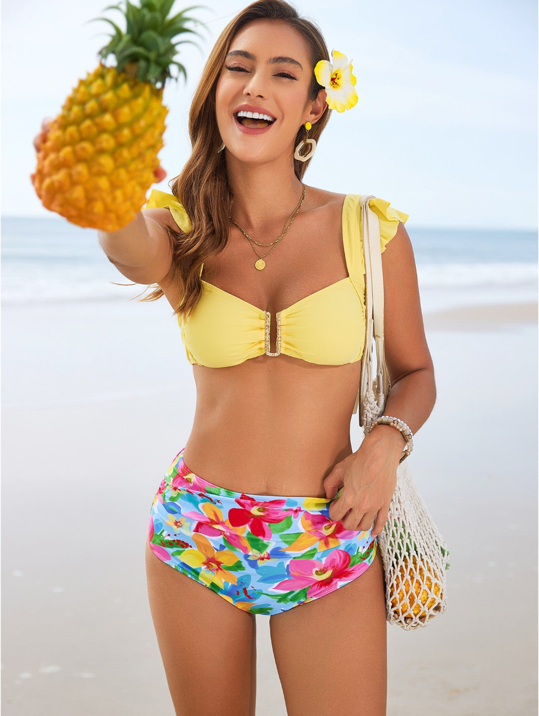 Yellow Floral Ruffle Strap High-Waisted Bikini Set