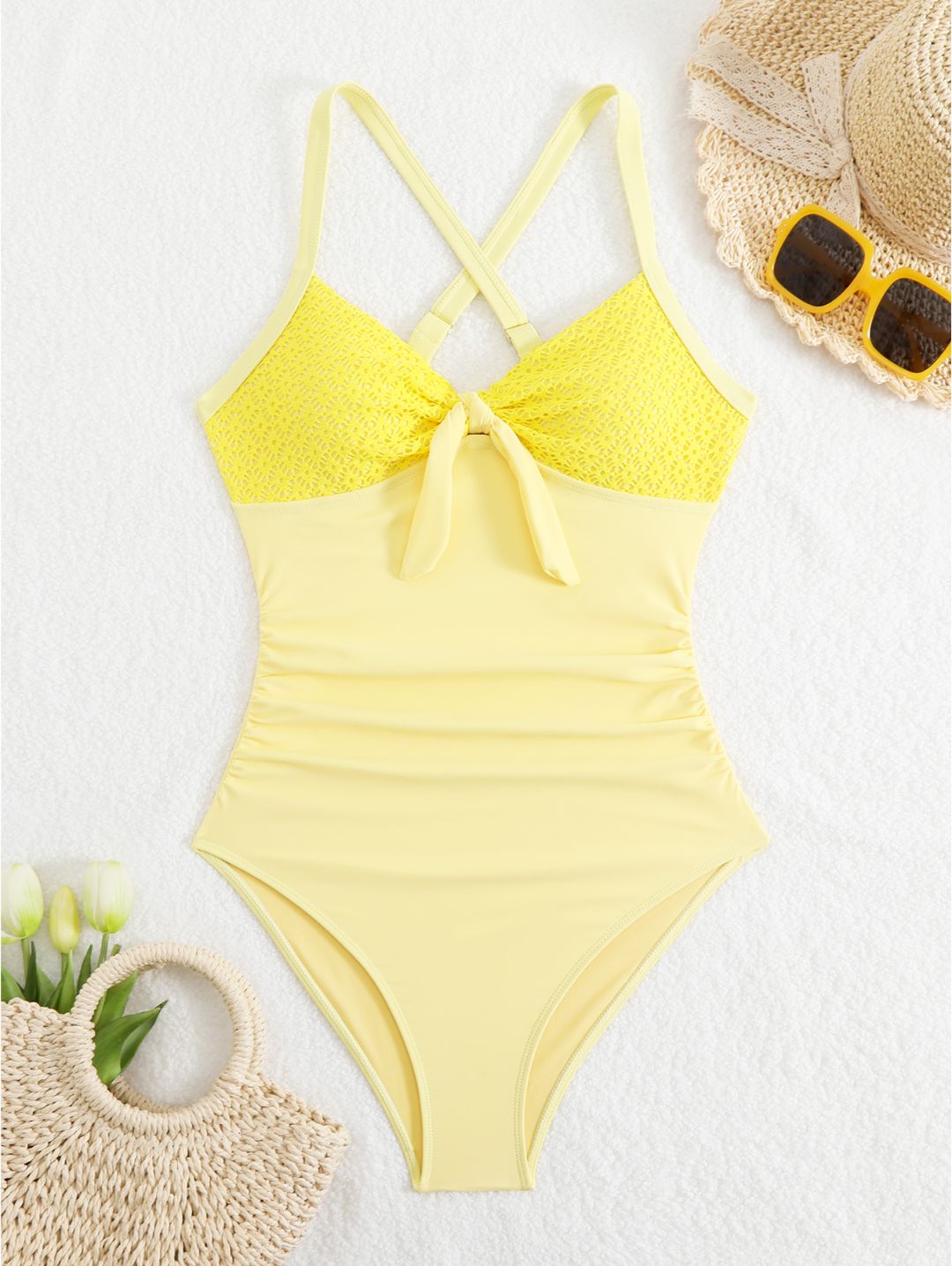 Yellow Tie Front Lace-Look One-Piece Swimsuit