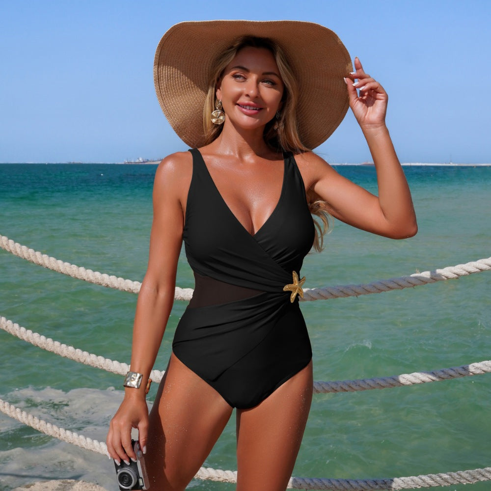 Black Starfish Accent Wrap One-Piece Swimsuit