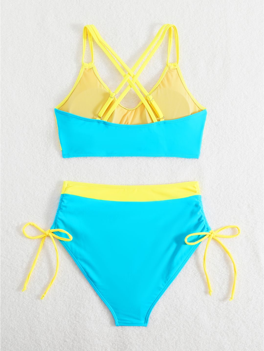 Aqua Blue Colorblock High-Waisted with Side Tie Bottom Bikini Set
