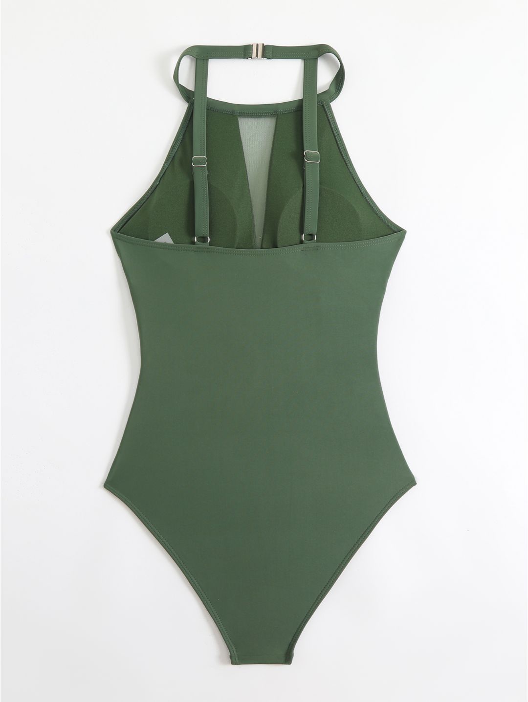 Army Green High Neck Mesh Cutout Ruched One-Piece Swimsuit