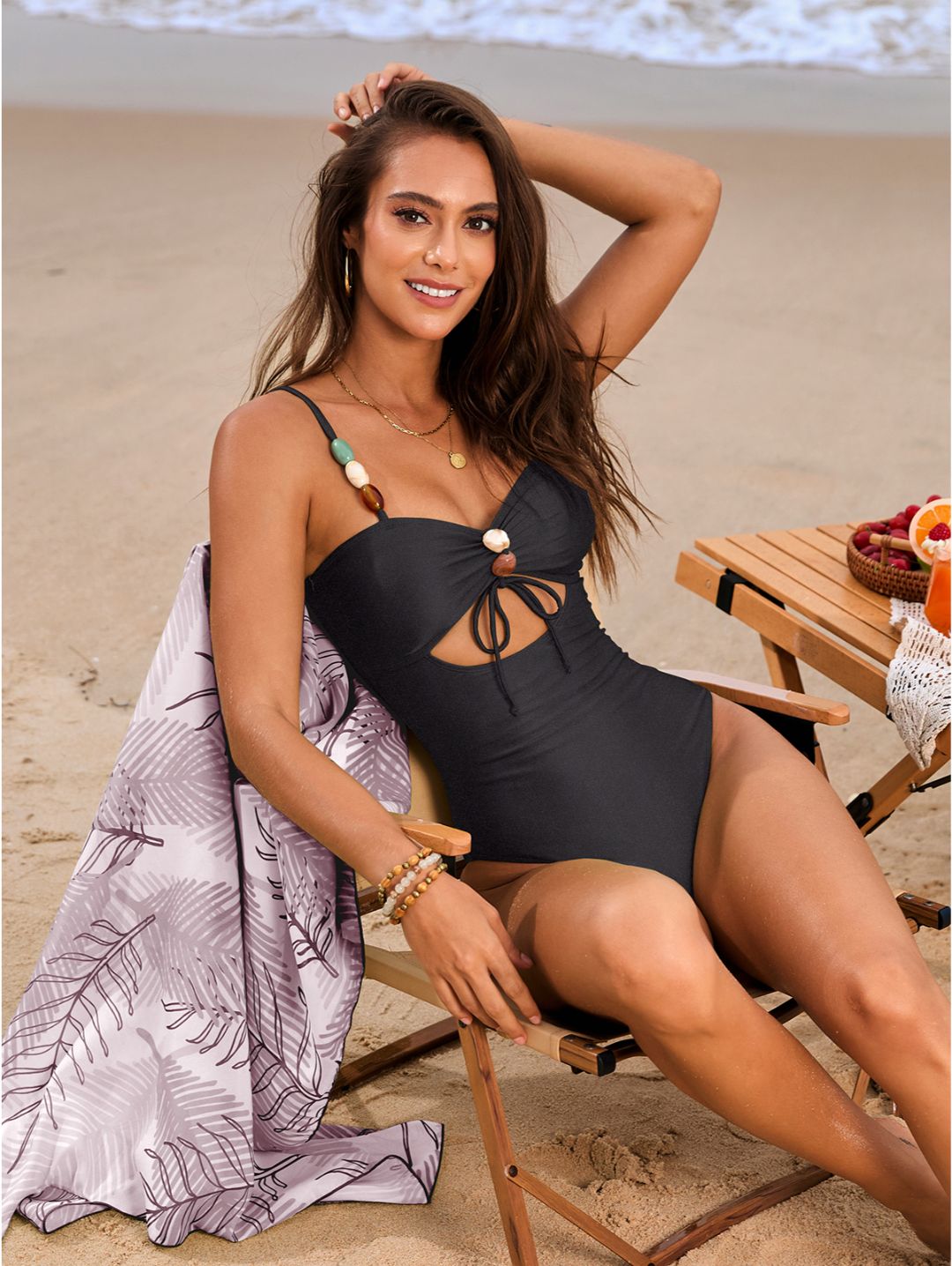 Black Beaded Strap Cutout Tie-Front One-Piece Swimsuit