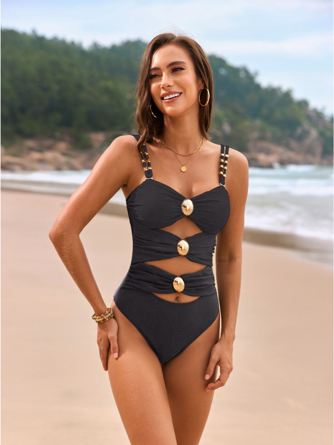 Black Color Block Cutout with Gold Ring Detail One-Piece Swimsuit