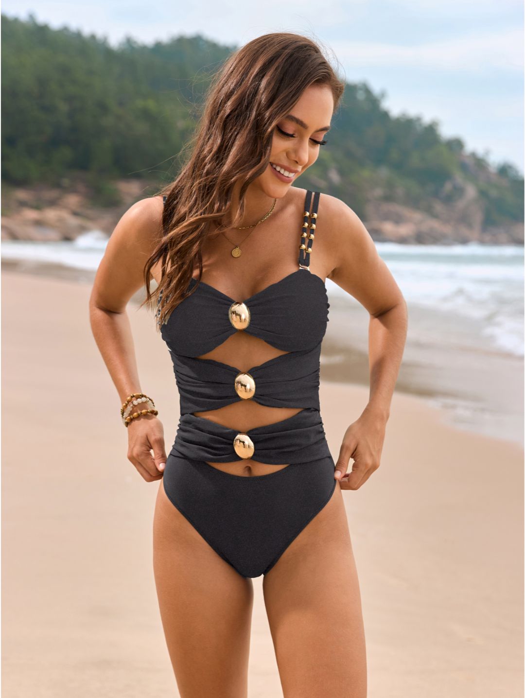 Black Color Block Cutout with Gold Ring Detail One-Piece Swimsuit