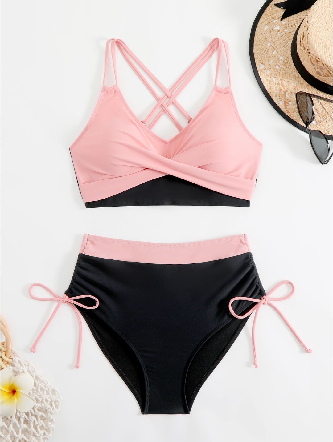 Black Colorblock High-Waisted with Side Tie Bottom Bikini Set