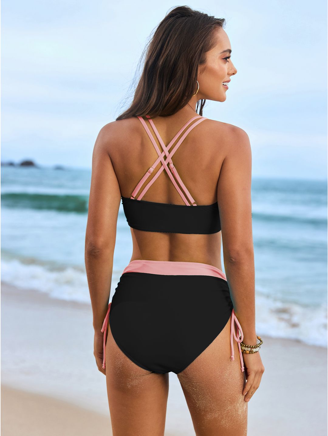 Black Colorblock High-Waisted with Side Tie Bottom Bikini Set