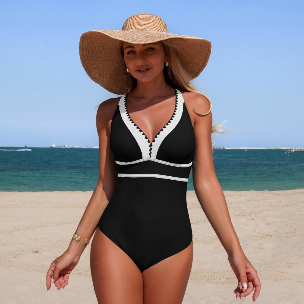 Black Contrast Trim V-Neck Crossback One-Piece Swimsuit