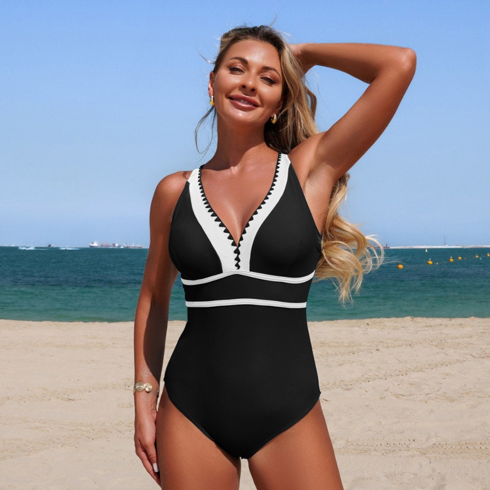 Black Contrast Trim V-Neck Crossback One-Piece Swimsuit