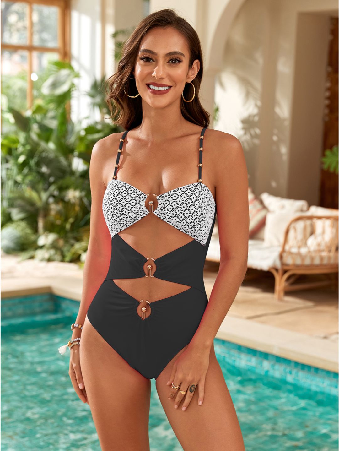 Black Cutout Beaded Strap Lace One-Piece Swimsuit