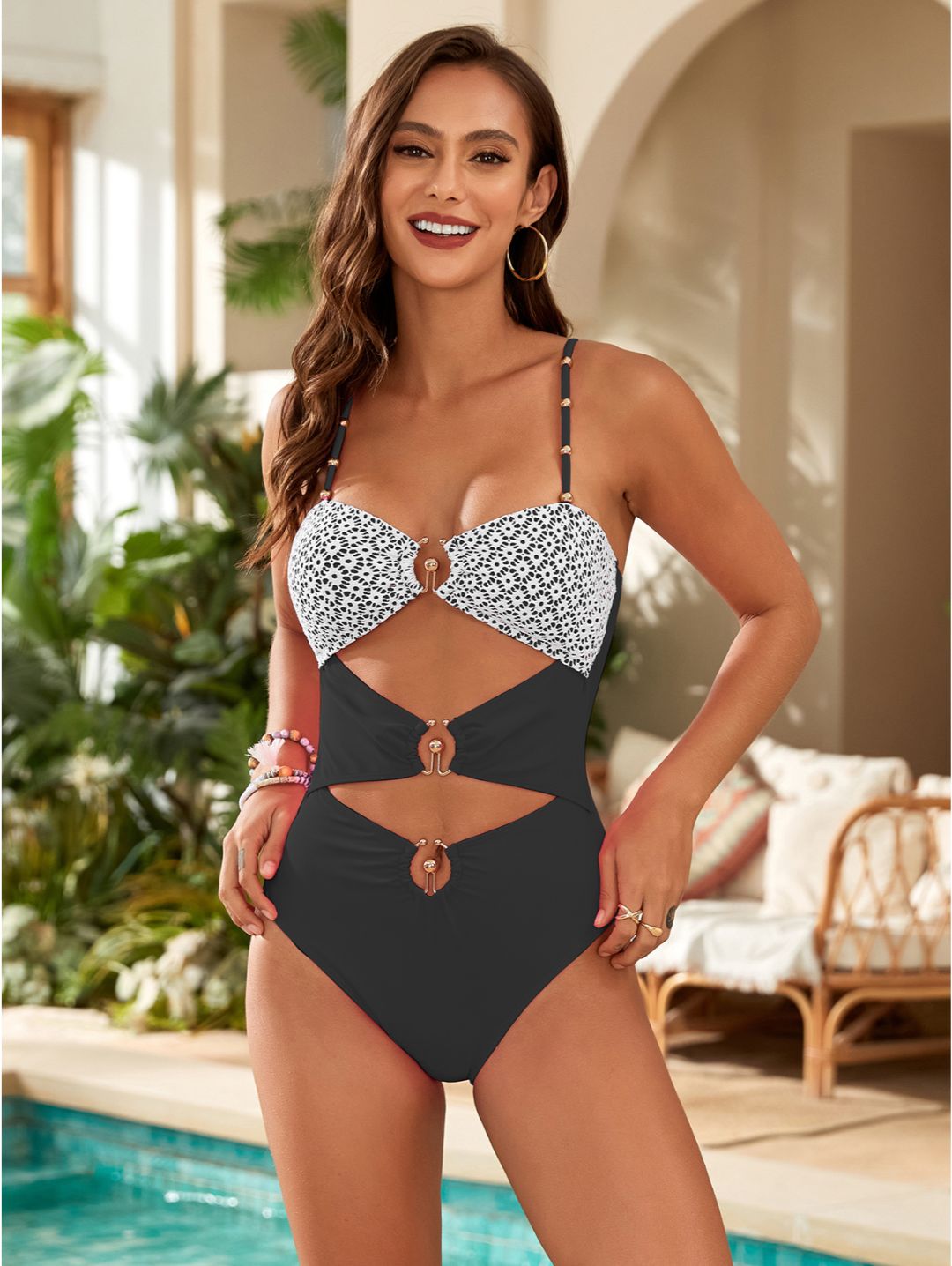 Black Cutout Beaded Strap Lace One-Piece Swimsuit