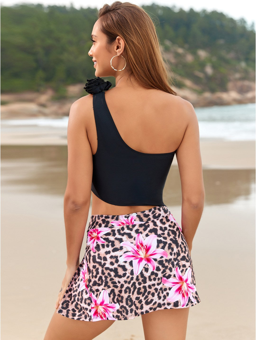 Black One-Shoulder Floral Skirt Bikini Set