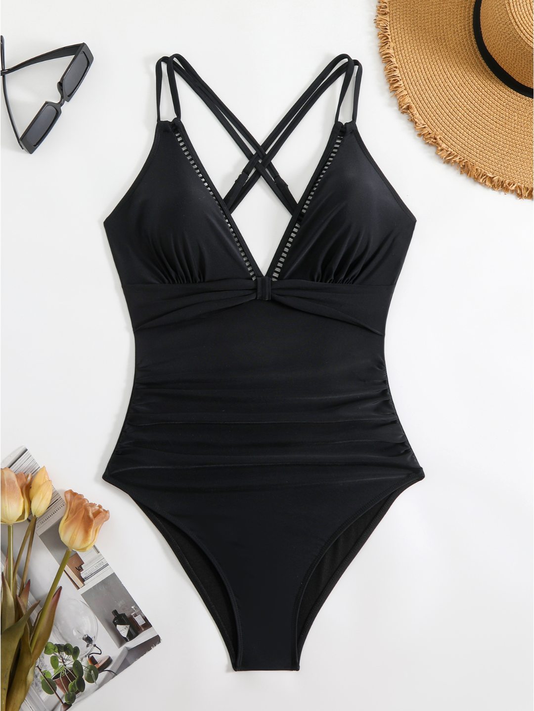 Black Ruched Crisscross Back One-Piece Swimsuit