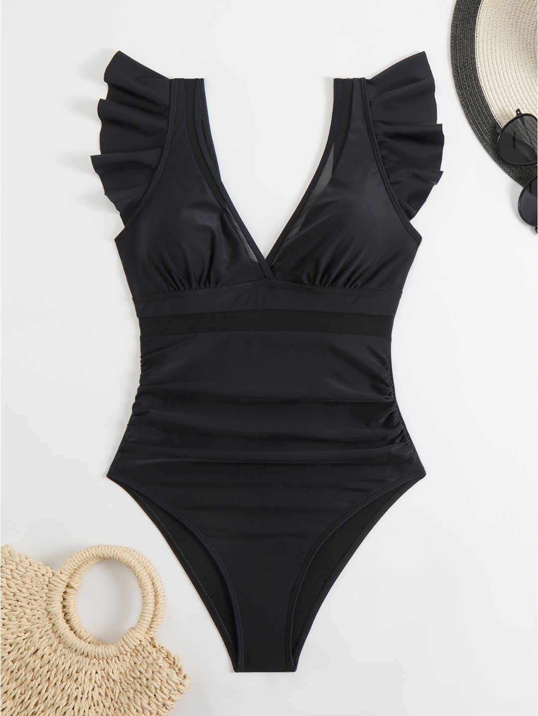 Black Ruffle Sleeve Colorblock One-Piece Swimsuit