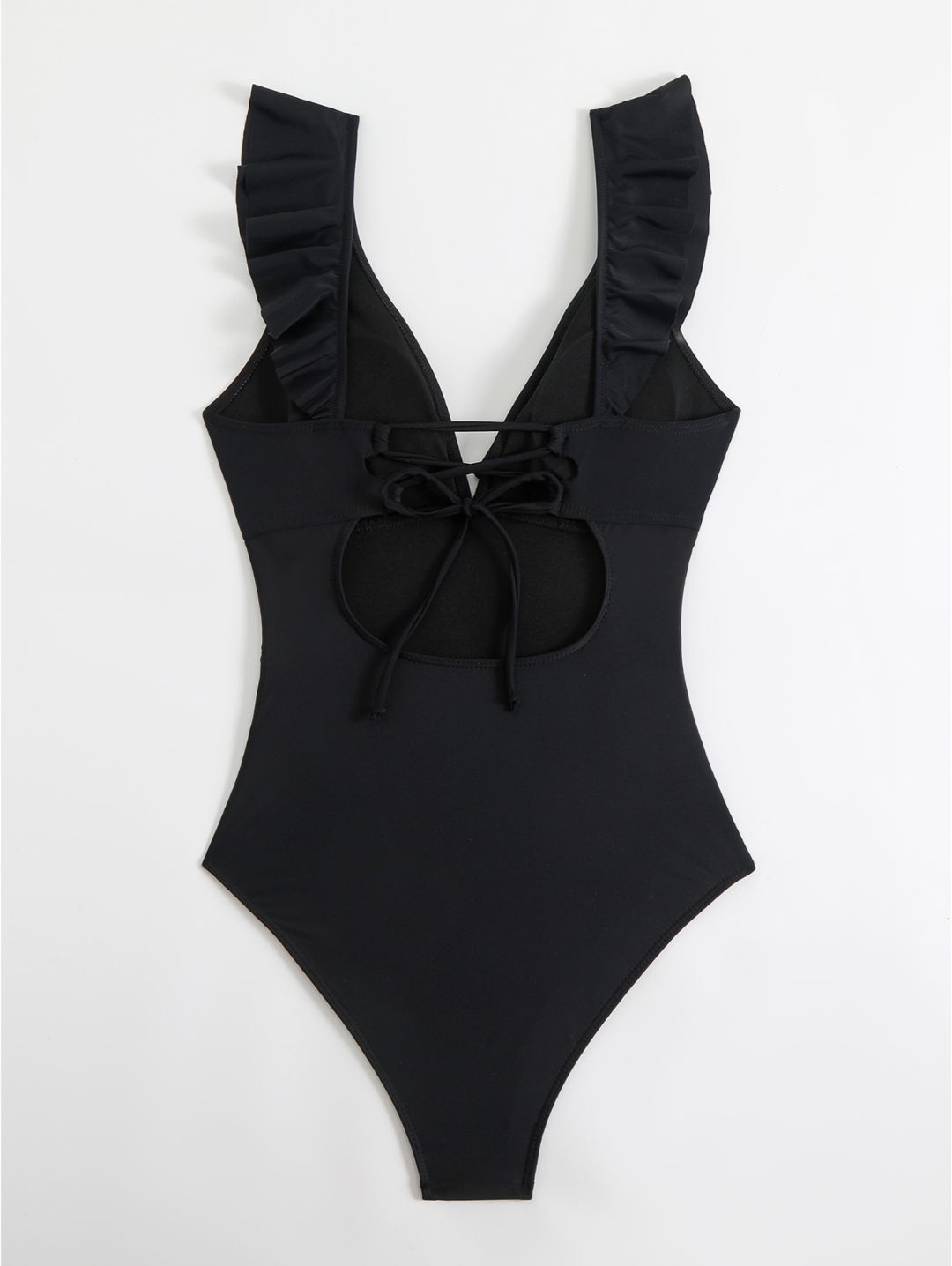 Black Ruffle V-Neck Belted One-Piece Swimsuit