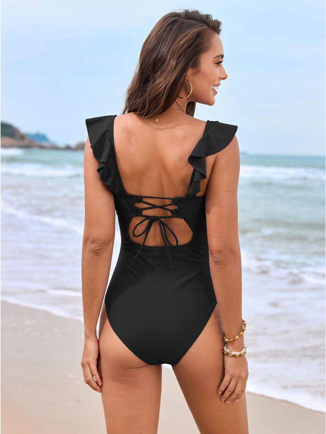Black Ruffle V-Neck Belted One-Piece Swimsuit