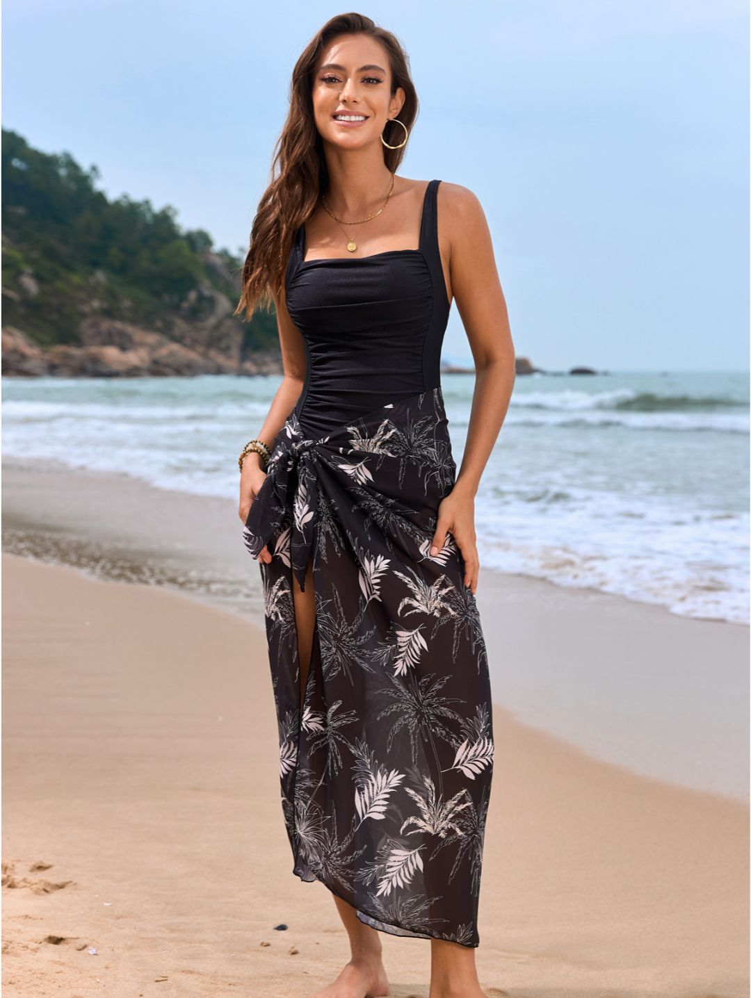 Black Square Neck Ruched One-Piece Swimsuit