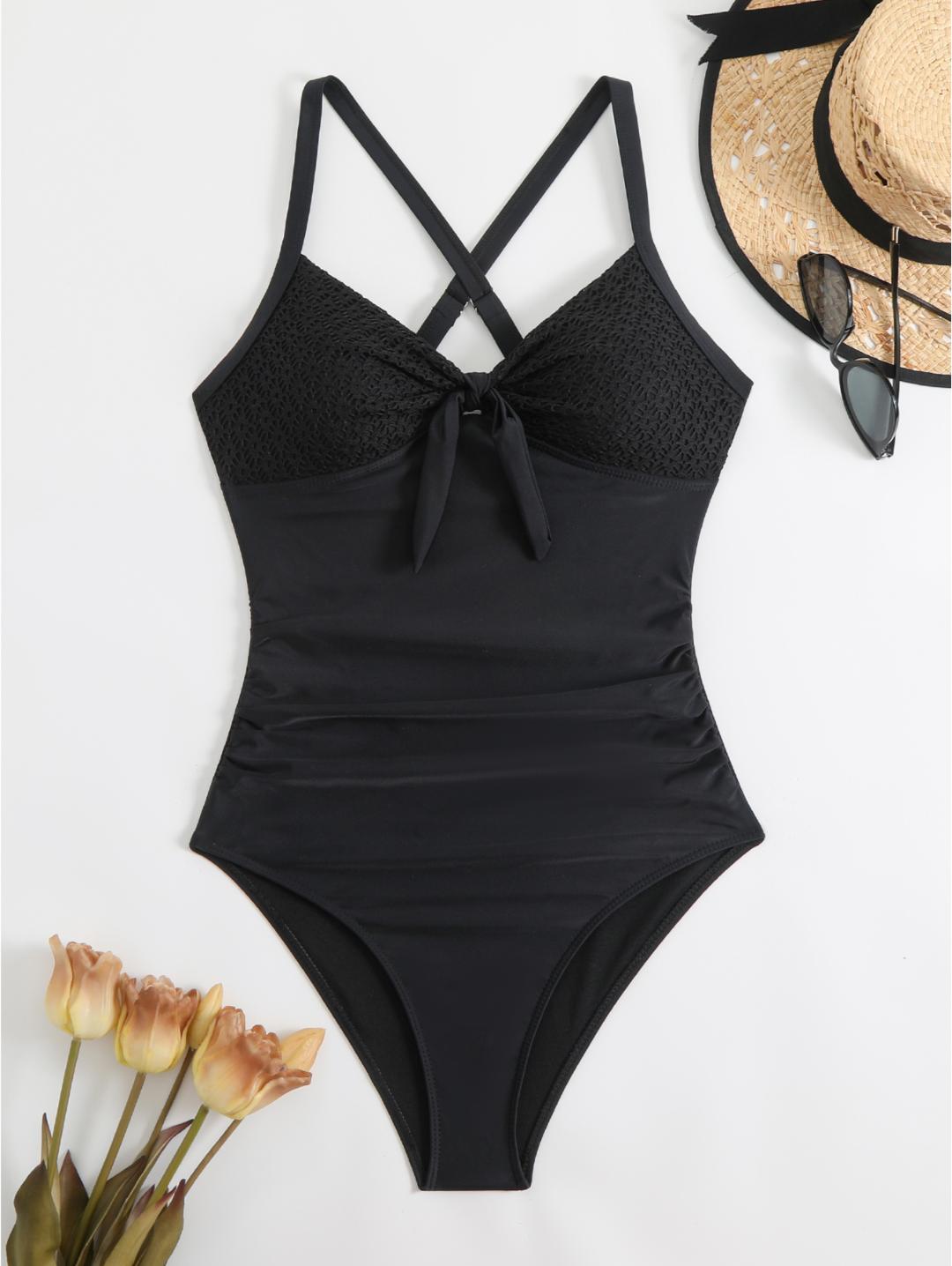 Black Tie Front Lace-Look One-Piece Swimsuit